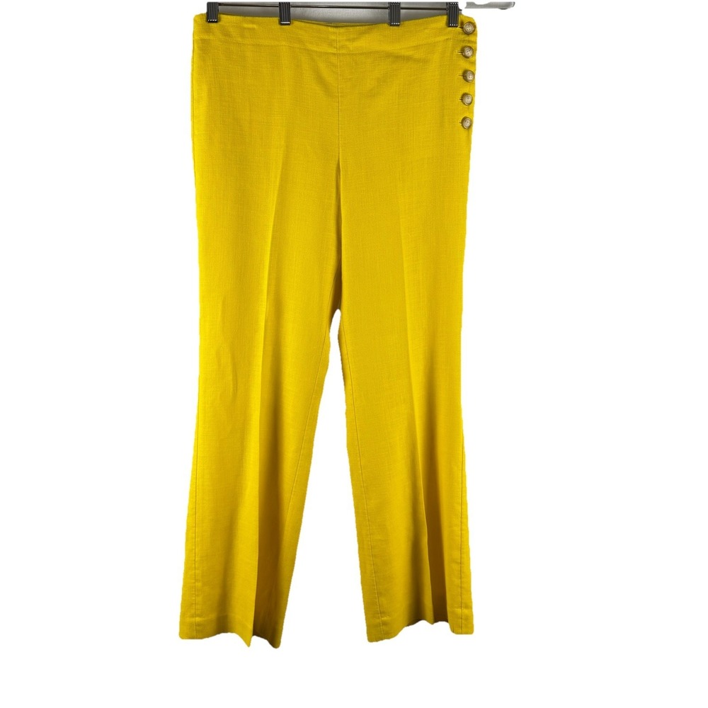 Cartonnier Trousers Linen Blend Sailor Flat Front Side Button Wide Yellow Sz 12